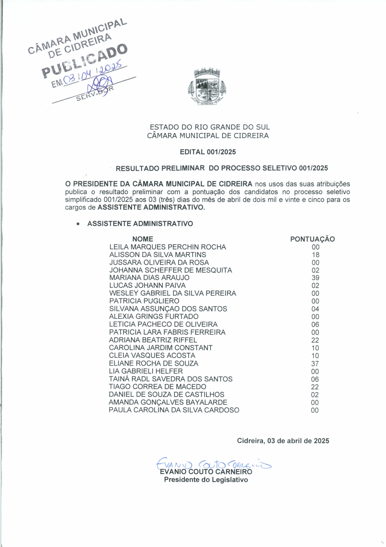 Divulga Resultado Preliminar de Pontuação Processo Seletivo 001-2025