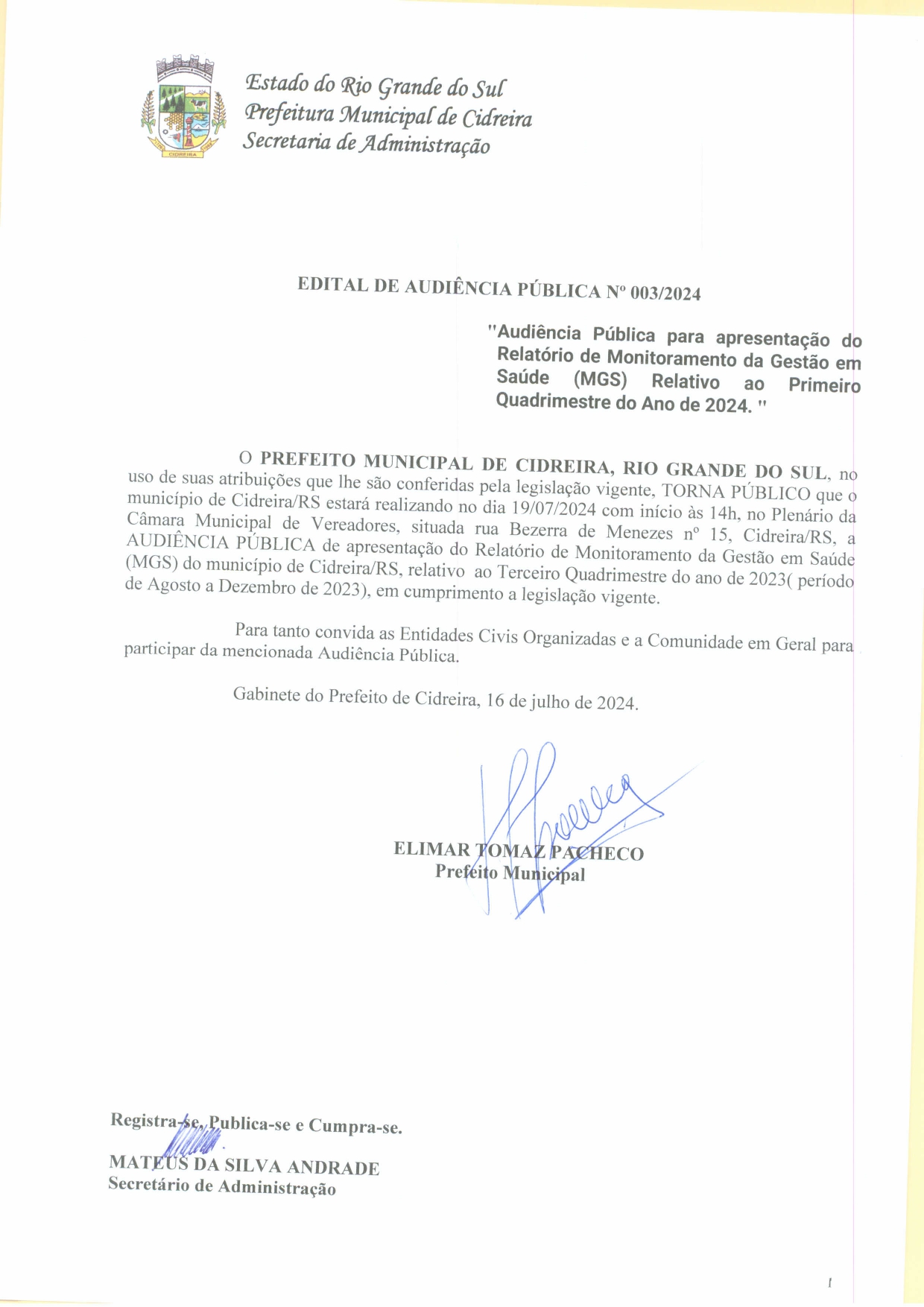 Edital Audiência Pública Nº 003/2024