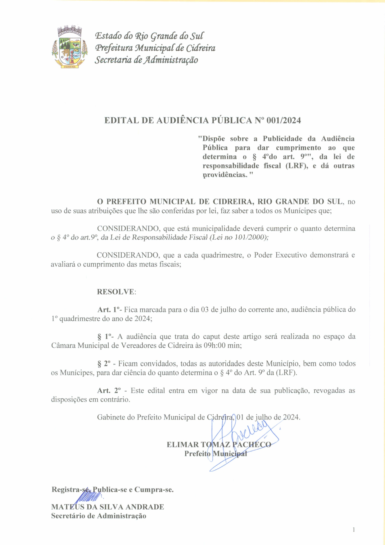 Edital de Audiência Pública Nº 001/2024