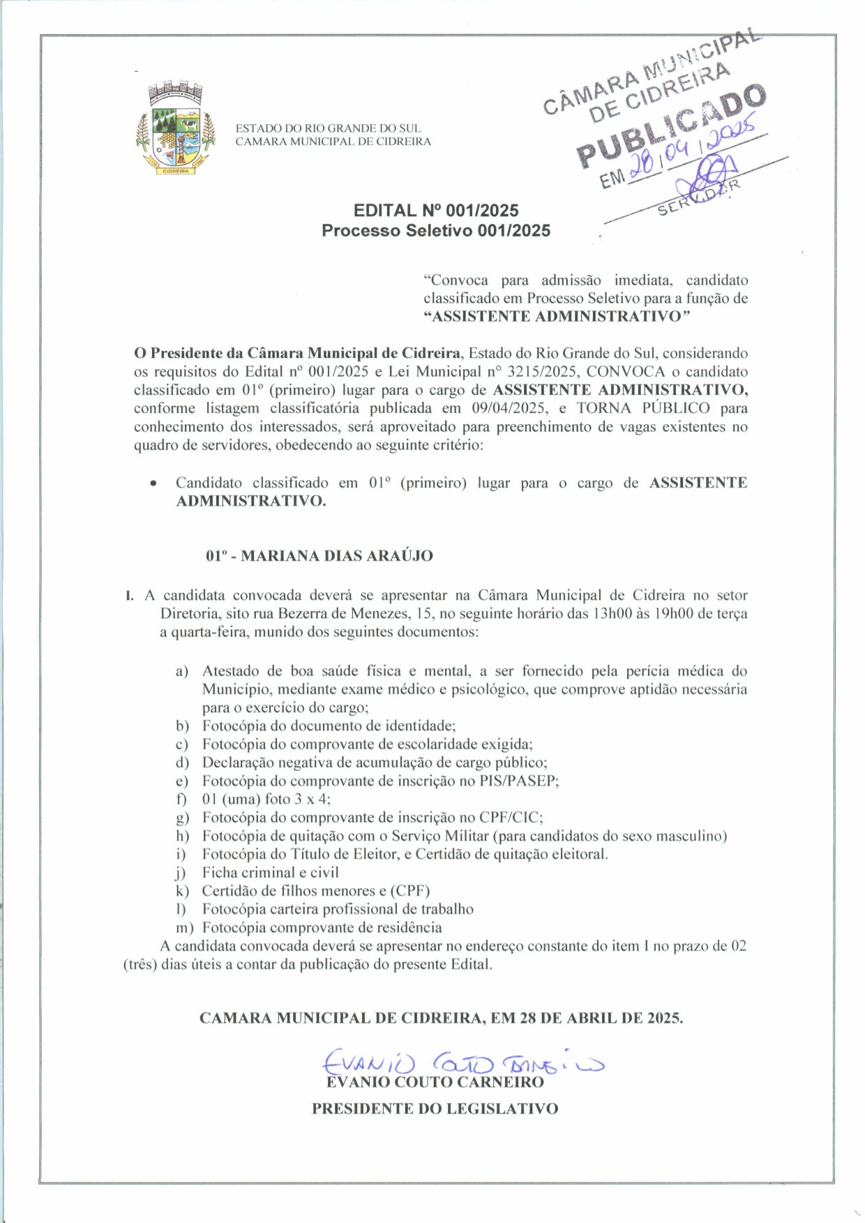 Edital de Convocação 001/2025 (Aux. Administrativo)