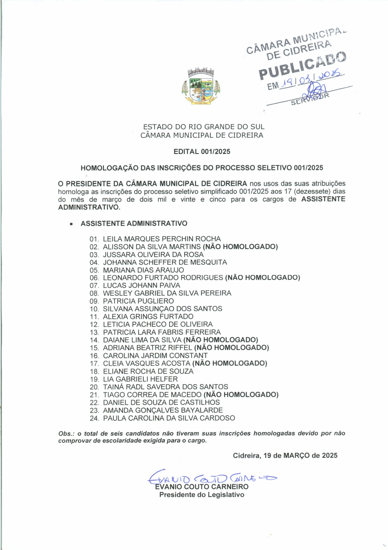 Homologação das Inscrições Processo Seletivo 001-2025