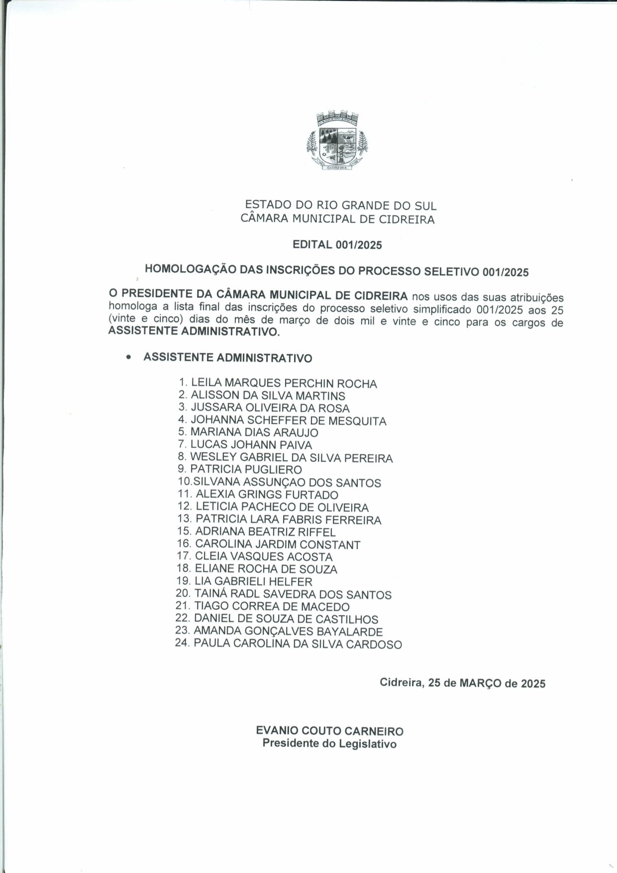 Homologação Lista Final de Inscrições Processo Seletivo 001-2025